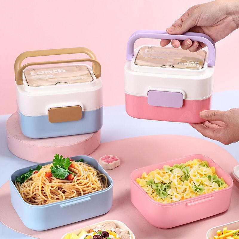 Student Minimalist Double-Layer Square Lunch Box Microwave Safe Lunch Bento Box with Lid Tableware Buckle Small Food Container