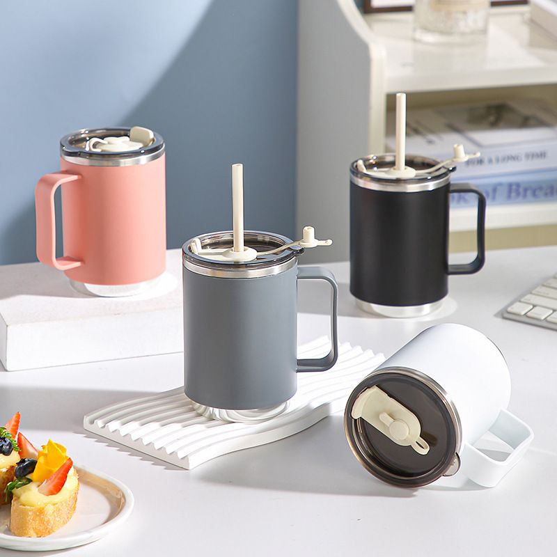 Minimalist 304 Stainless Steel Large Capacity Student Straw Cup with Handle Office Worker Car Mug Water Cup