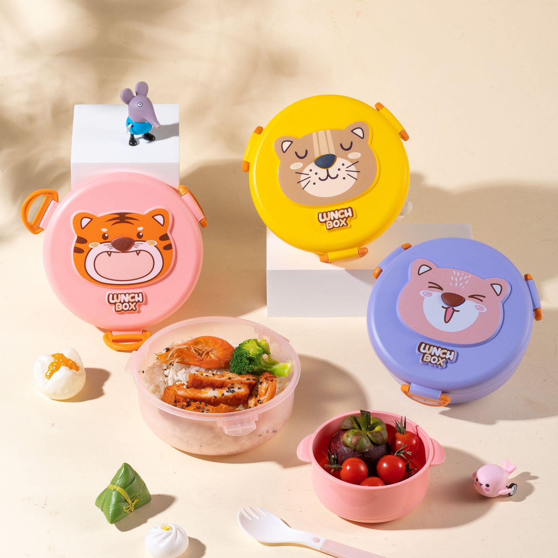 Student Cartoon Square Transparent Plastic Lunch Box with Bowl Kids Spring Outing Picnic Bento Food Container