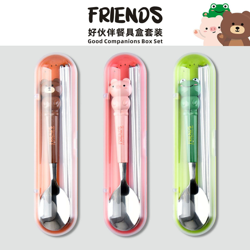 Cartoon Little Pig Frog Stainless Steel Tableware Set Student Spoon and Chopsticks Storage Box 2-Piece Set Portable Travel