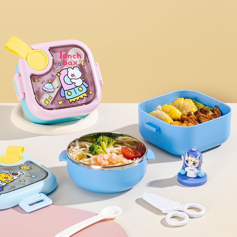 Cartoon 304 Stainless Steel Kids Baby Food Bowl Portable Removable Baby Feeding Tableware Set Eating Bowl with Lid