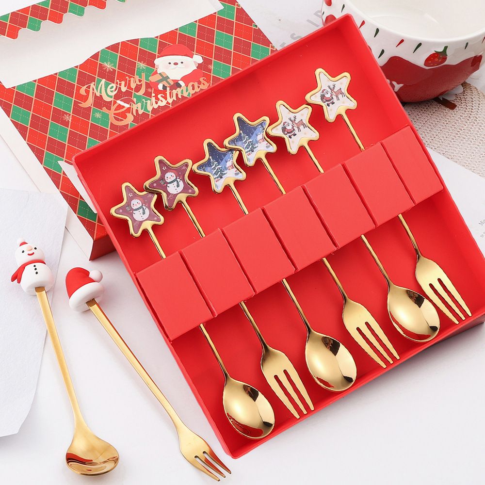 Creative Christmas Stainless Steel Spoon and Fork Tableware Set Five-Pointed Star Elderly Reindeer Christmas Dessert Spoon Fruit Fork Gift