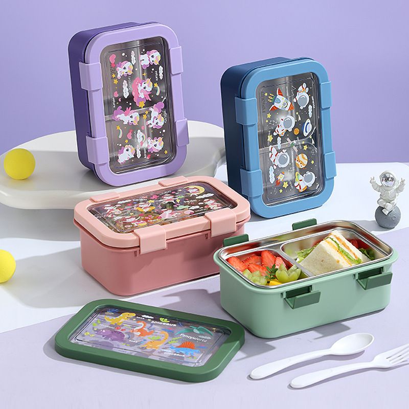 Kids Cartoon 304 Stainless Steel Compartment Lunch Box Student Portable Buckle Lunch Bento Box with Spoon and Fork Small Food Container