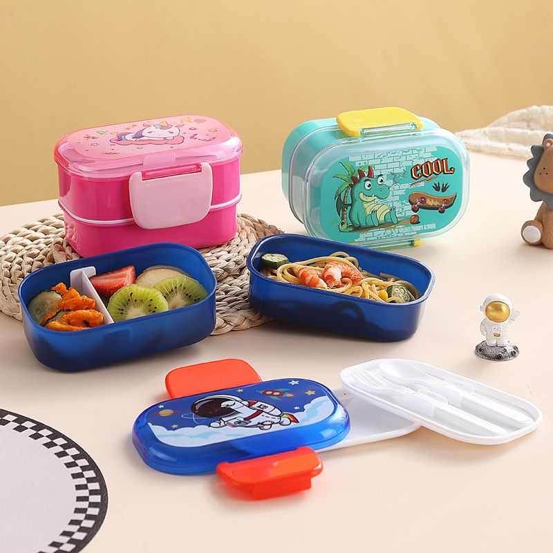 Cartoon Creative Kids Double-Layer Buckle Lunch Box Student Cafeteria Takeout Lunch Bento Box Portable with Cutlery