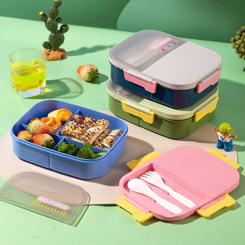 Minimalist Student Rectangular Compartment Plastic Lunch Box with Cutlery Microwave Safe Food Container Water Cup Set
