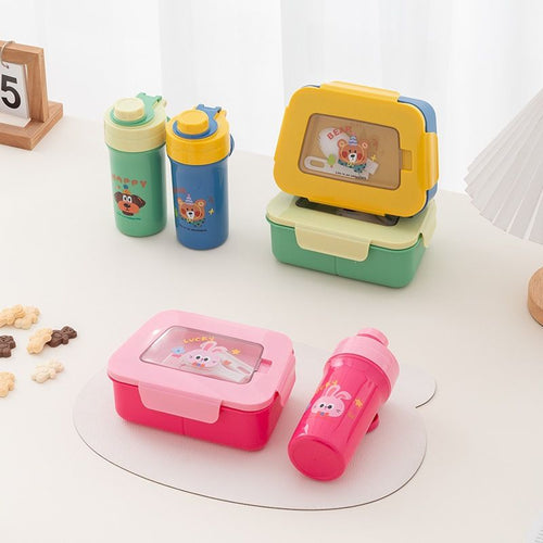 Cartoon Student Plastic Compartment Lunch Box and Water Cup Set Picnic Camping Snack Lunch Bento Box with Cutlery