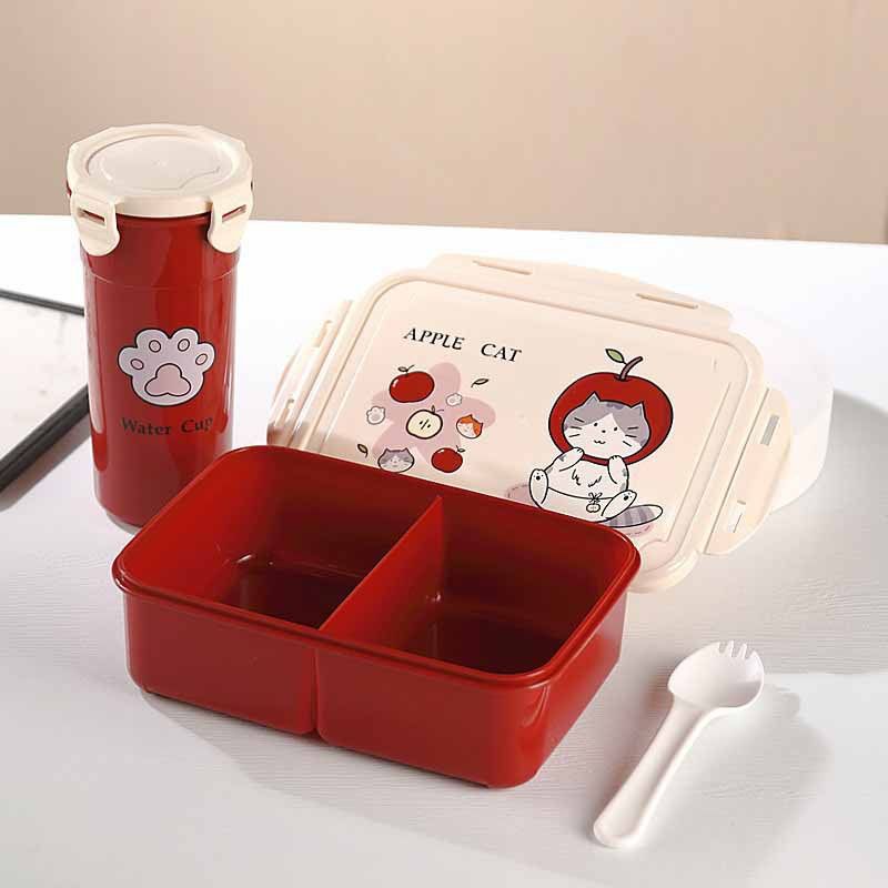 Cartoon Cute Cat Student Compartment Lunch Box and Water Cup Set Office Worker Lunch Bento Box Microwave Safe Food Container