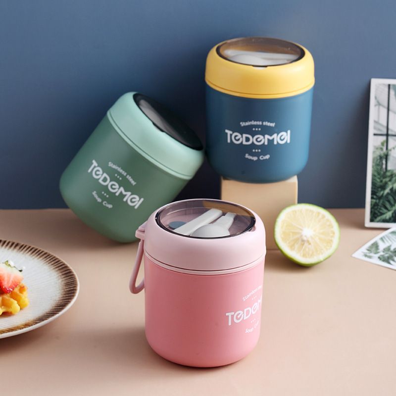 Student Portable Japanese Style 304 Stainless Steel Soup Cup with Lid with Spoon Office Worker Breakfast Cup Cereal Milk Cup Gift