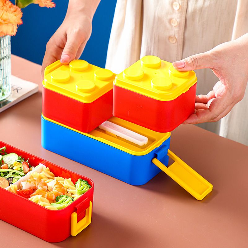 Creative Double-Layer Student Building Blocks Lunch Box Office Worker Compartment Lunch Bento Box Kids Food Container with Cutlery