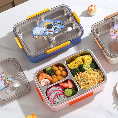 Cartoon Student 304 Stainless Steel Compartment Lunch Box Office Worker Lunch Bento Box Buckle with Cutlery Portable Food Container