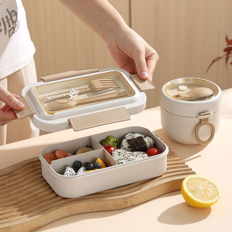 Minimalist Wheat Straw Lunch Box Soup Cup Set Student Portable Japanese Style Lunch Bento Box Outdoor Water Cup Porridge Jar