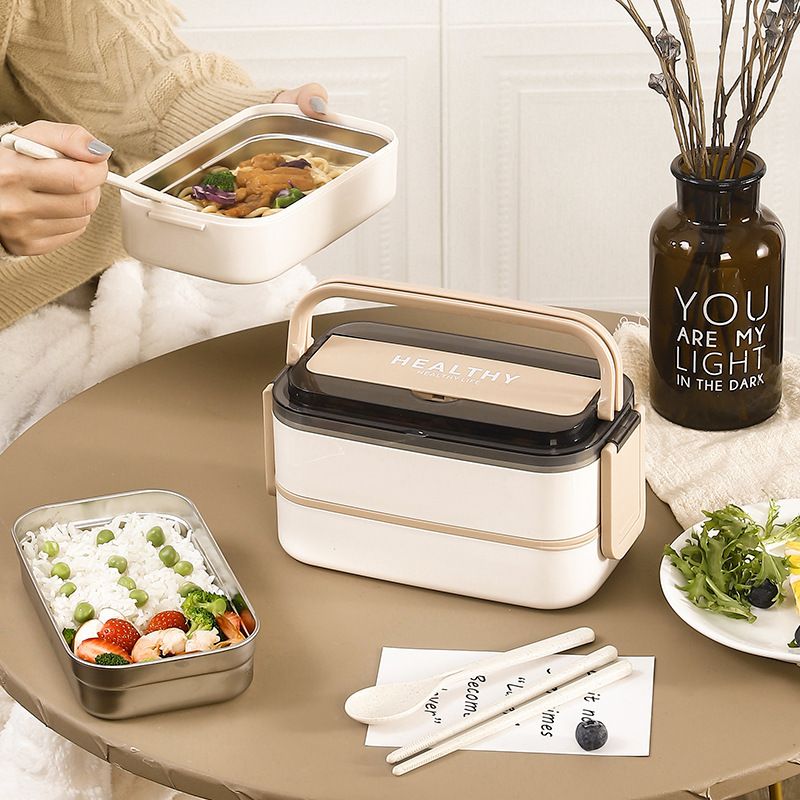 Fiambrera Bento de Acero Inoxidable 304 al por mayor, Recipiente de Almuerzo de 2 Capas a Prueba de Fugas