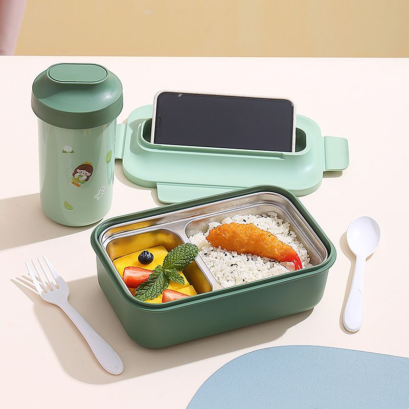 Student Minimalist PP Compartment Lunch Box Office Worker 304 Stainless Steel Lunch Bento Box Portable Water Cup Tableware Set