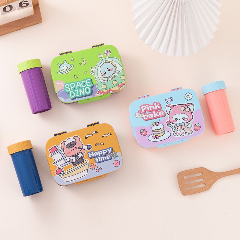Minimalist Cartoon Flip-Top Student Plastic Compartment Lunch Box Office Worker Portable Lunch Bento Box Water Cup Set Gift