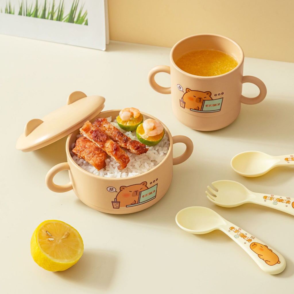 Cartoon Kids Eating Bowl Tableware Set Capybara Baby Kindergarten 5 pcs Set with Cutlery