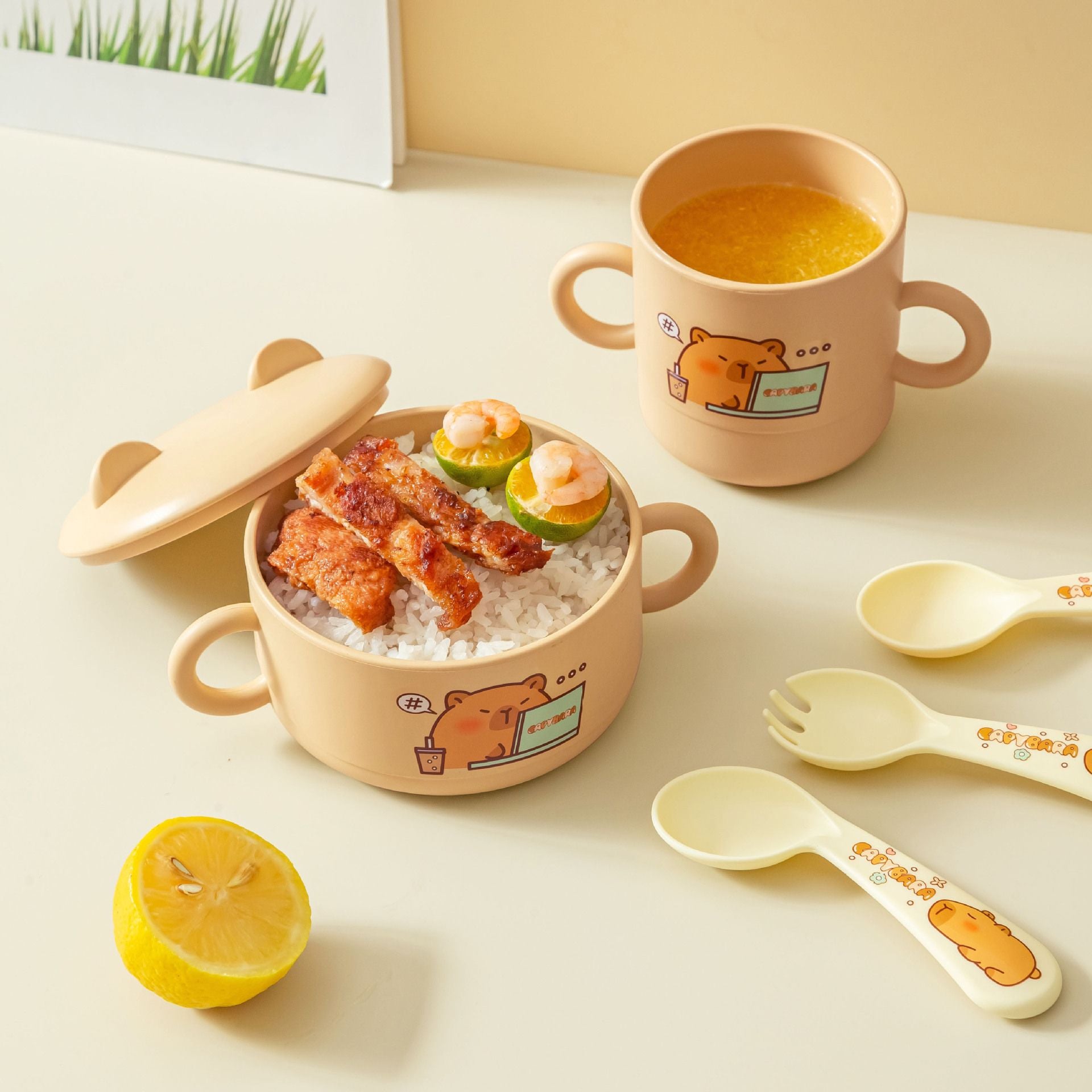 Cartoon Kids Eating Bowl Tableware Set Capybara Baby Kindergarten 5 pcs Set with Cutlery