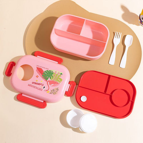 Cartoon Kids Compartment Plastic Lunch Box Student Large Capacity Buckle Lunch Bento Box with Cutlery Sauce Box