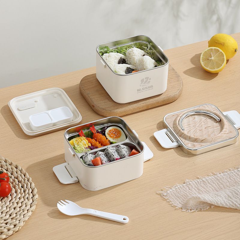 Student 304 Stainless Steel Wood Grain Lunch Box Double-Layer Portable Bento Box Freshness Box Adult Meal Prep Portable Lunch Box
