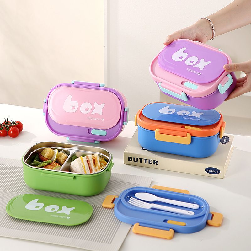 Student Minimalist Compartment Lunch Box Office Worker 304 Stainless Steel Lunch Bento Box Buckle Food Container Spoon and Fork