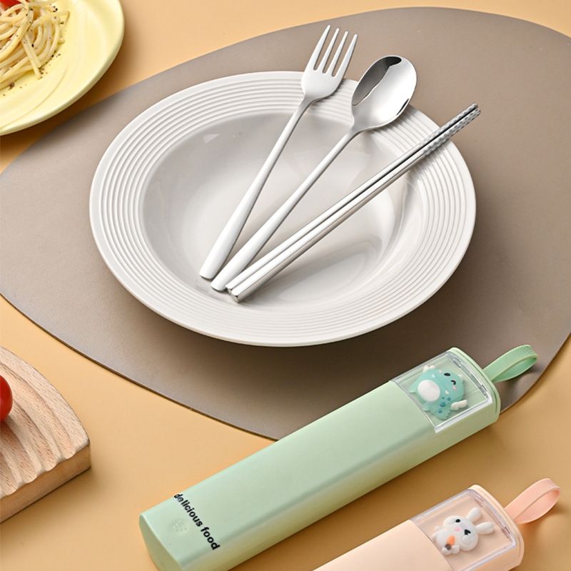 Cartoon Little Bear Kids 304 Stainless Steel Tableware Set Student Travel Portable Pull-Out Spoon, Fork and Chopsticks Storage Box