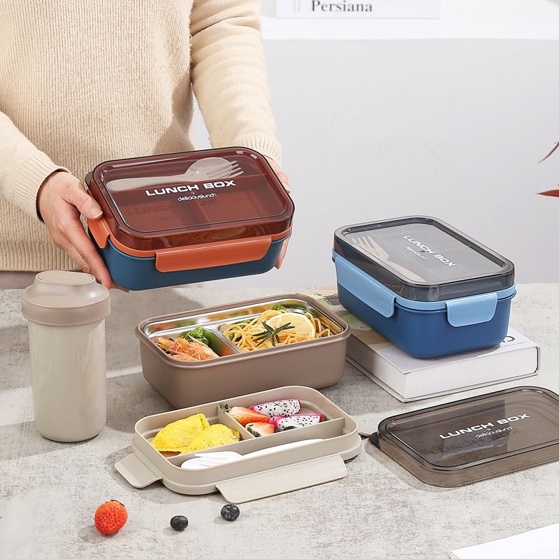 Student 304 Stainless Steel Minimalist Buckle Lunch Box Office Worker Plastic Compartment Lunch Box Cafeteria Takeout Bento Box