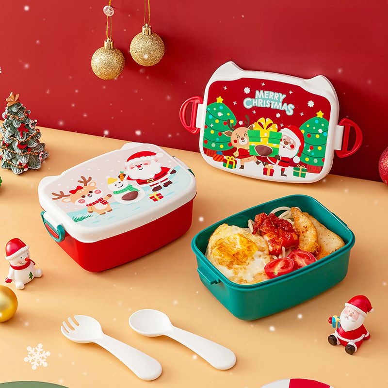 Creative Square Christmas Lunch Box Student Compartment Lunch Bento Box Microwave Safe Heating with Spoon and Fork