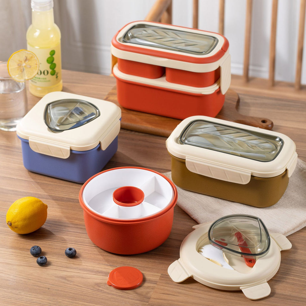 Minimalist Student Single/Double Layer Rectangular Lunch Box with Cutlery Portable Round Buckle Lunch Bento Box with Lid