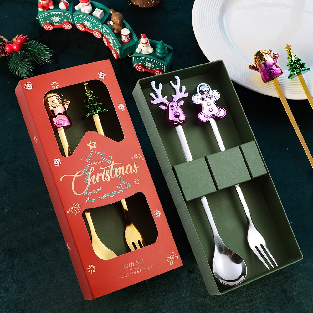 Colorful Christmas Spoon and Fork Set Iridescent Dessert Spoon Fruit Fork Tableware Gift Box Christmas Reindeer Coffee Spoon