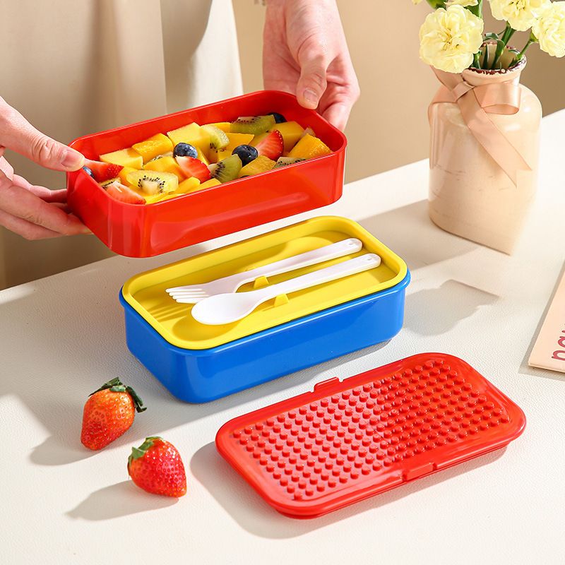 Creative Building Blocks Double-Layer Plastic Lunch Box Student Lunch Bento Box Cafeteria Takeout Food Container with Cutlery