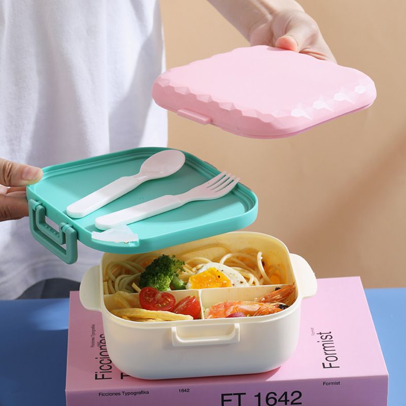 Minimalist Student Square Buckle Compartment Lunch Box with Cutlery Kids Picnic Camping Bento Box