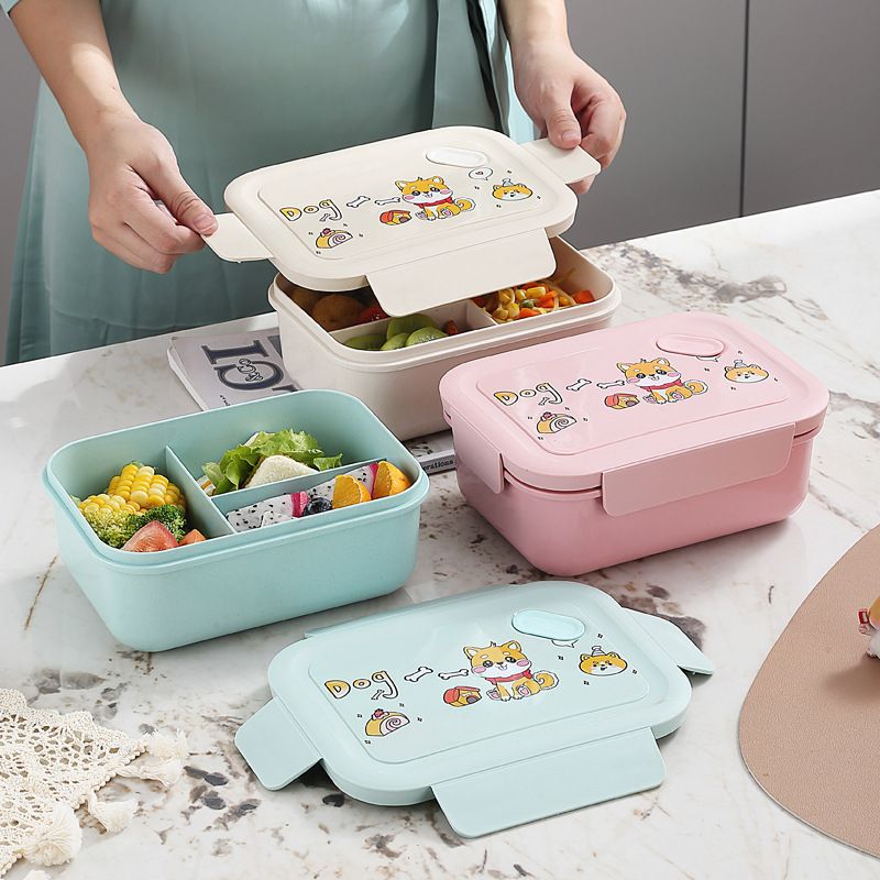 Student Bamboo Fiber Cartoon Compartment Lunch Box Japanese Style Lunch Bento Box Microwave Safe Kids Travel Food Container