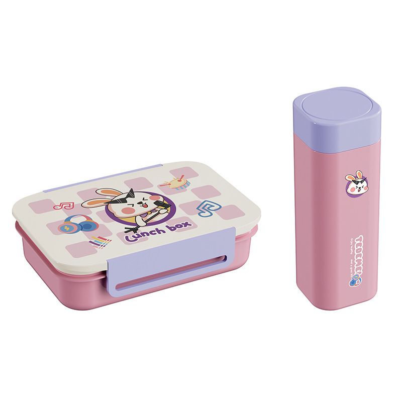 Cartoon Compartment Plastic Lunch Box and Water Cup Set Student Lunch Bento Box Microwave Safe Travel Food Container
