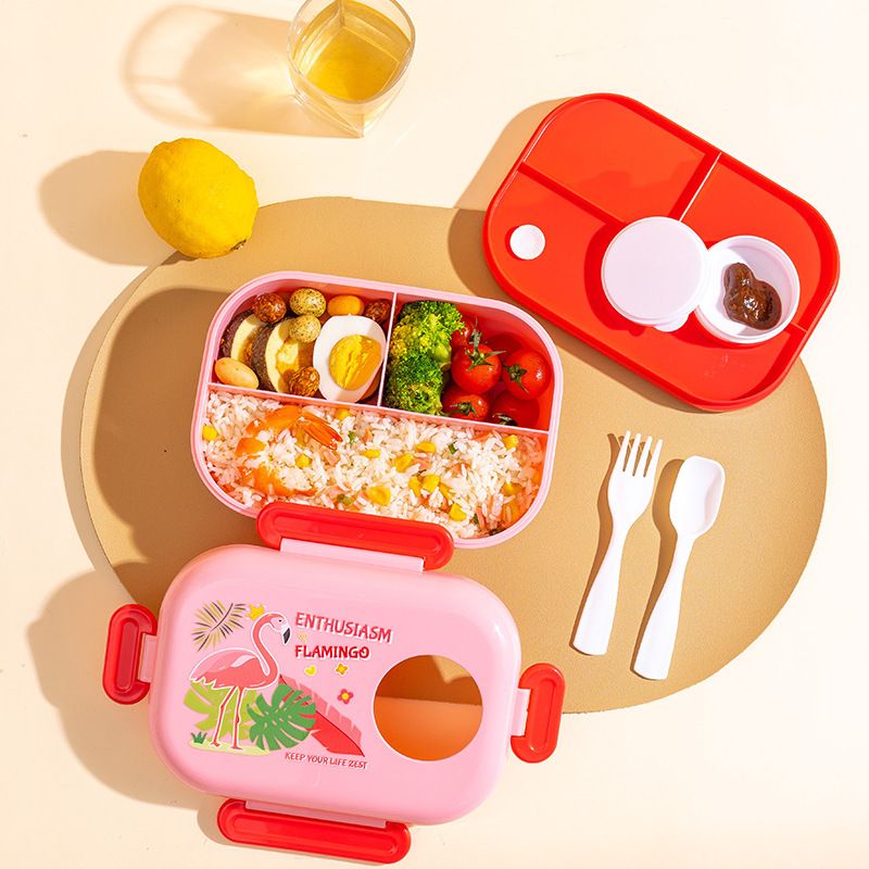 Cartoon Kids Compartment Plastic Lunch Box Student Large Capacity Buckle Lunch Bento Box with Cutlery Sauce Box