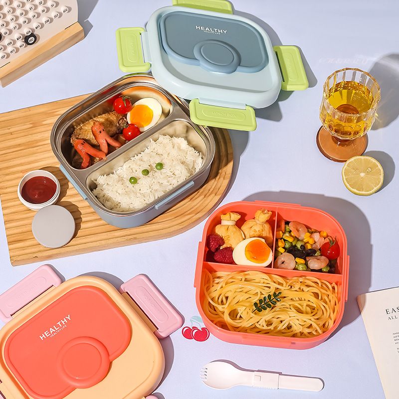 Student Minimalist Square 304 Stainless Steel Compartment Lunch Box Office Worker Portable Bento Box