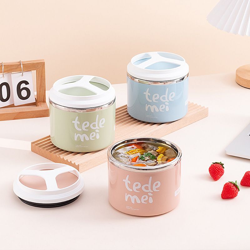 Minimalist Student 304 Stainless Steel Round Kids Lunch Box Office Worker Lunch Bento Box Household Bucket Large Capacity