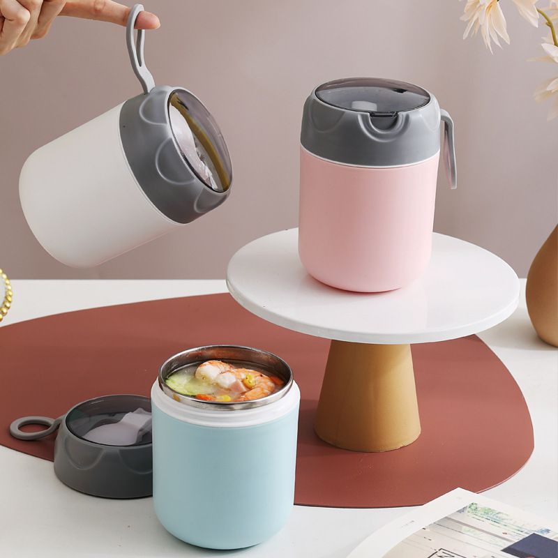 304 Stainless Steel Soup Cup Student Cereal Milk Cup with Lid Spoon Office Worker Portable Outdoor Breakfast Cup Porridge Jar