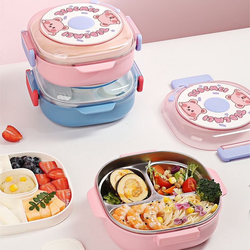 Cartoon 304 Stainless Steel Kids Cute Lunch Box with Lid Sauce Box Student Compartment Lunch Bento Box Food Container