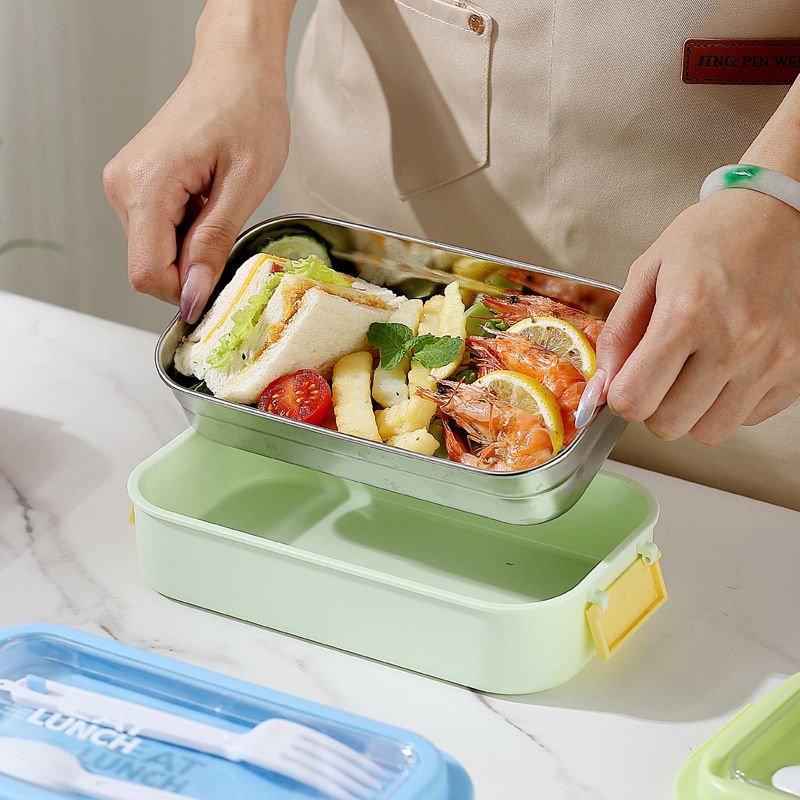 Minimalist Student 304 Stainless Steel Lunch Box with Lid with Cutlery Office Worker Lunch Bento Box Portable Food Container