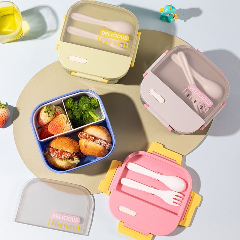 Minimalist Office Worker Square Compartment Plastic Lunch Box with Cutlery Microwave Safe Food Container Water Cup Set