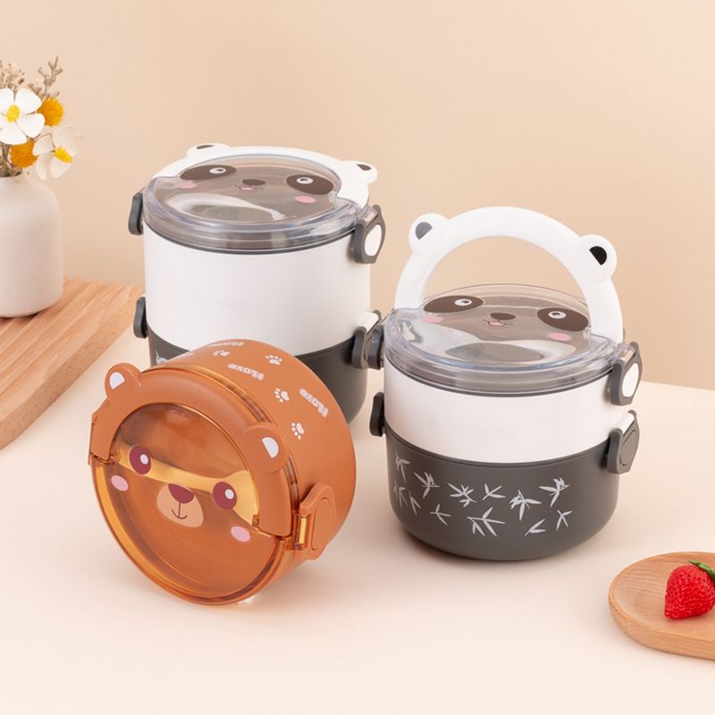 Cartoon Double-Layer Lunch Box with Handle Student Office Worker Round Bento Box Microwave Safe Portable Multi-Layer Kids Food Container