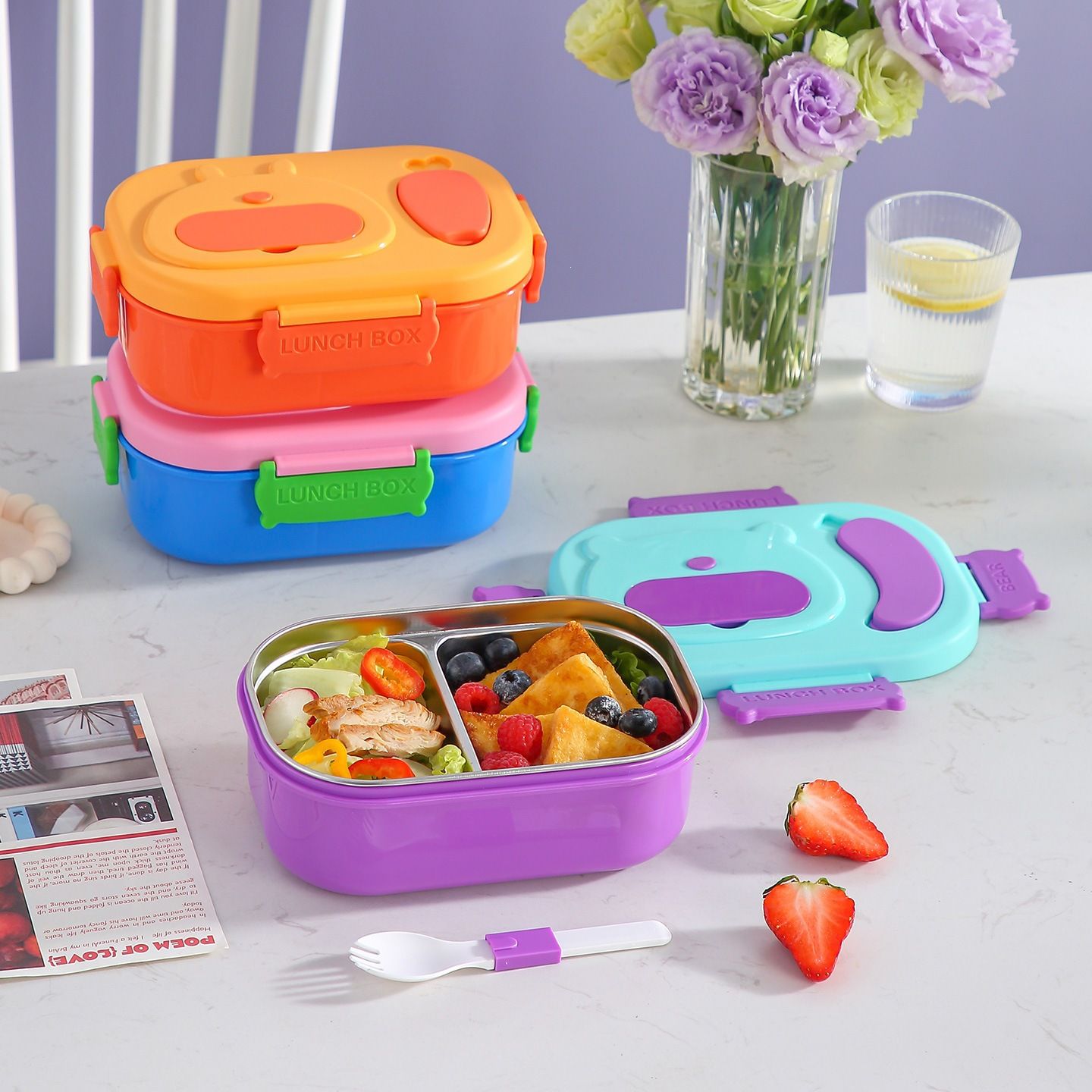 Student Minimalist 304 Stainless Steel Compartment Lunch Box Office Worker Cafeteria Takeout Portable Lunch Bento Box with Cutlery