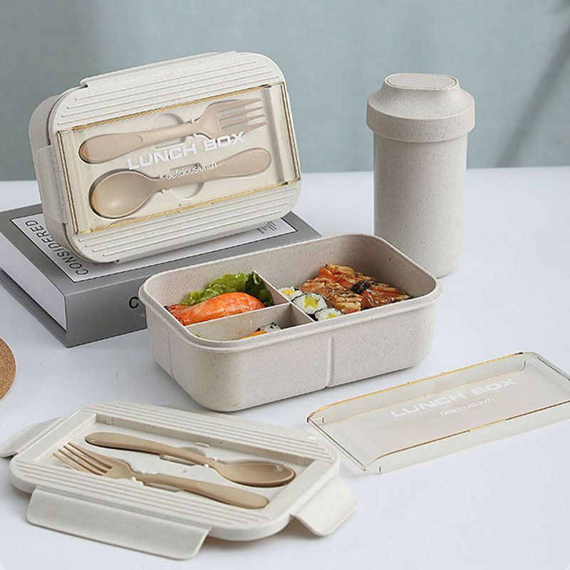 Student Japanese Style Wheat Straw Compartment Lunch Box with Spoon and Fork Water Cup Set Travel Portable Lunch Bento Box Gift