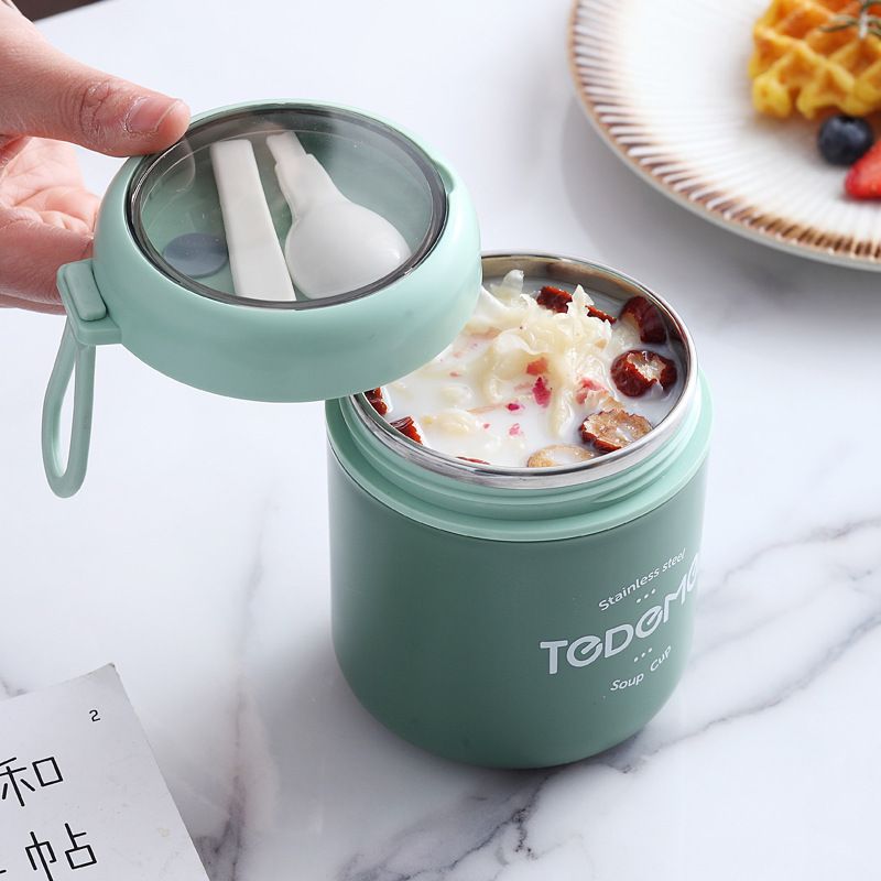 Student Portable Japanese Style 304 Stainless Steel Soup Cup with Lid with Spoon Office Worker Breakfast Cup Cereal Milk Cup Gift