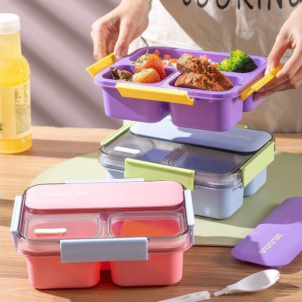 Student Large Capacity Cafeteria Takeout Compartment Lunch Box with Lid Sauce Box Bento Lunch Box with Cutlery