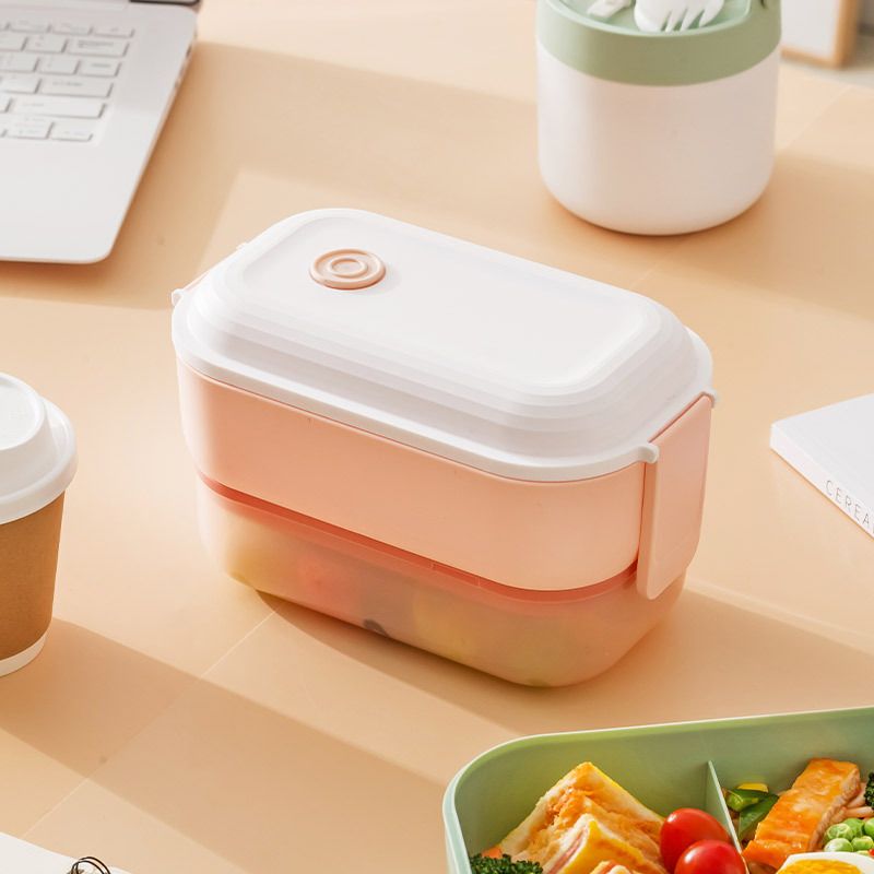 Student Minimalist Double-Layer Buckle Compartment Lunch Box Office Worker Lunch Bento Box Spoon and Fork Portable Food Container