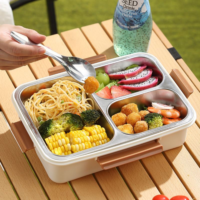Cartoon Student 304 Stainless Steel Compartment Lunch Box Office Worker Lunch Bento Box Buckle with Cutlery Portable Food Container