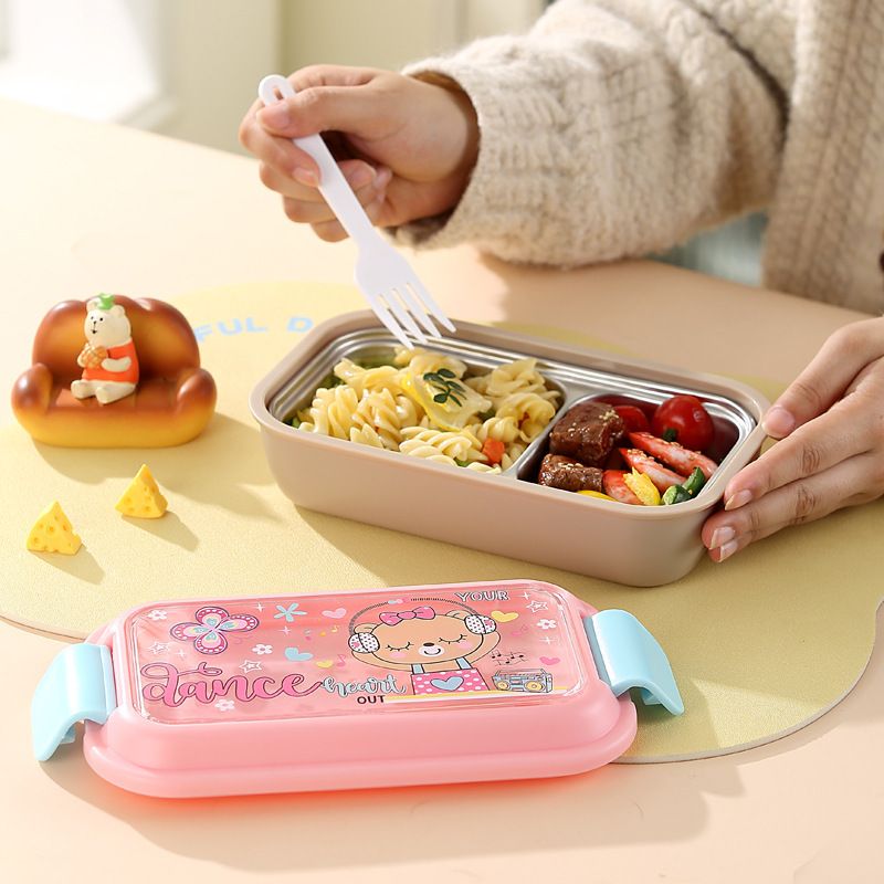 Kids Cartoon Plastic Compartment Lunch Box Dessert Food Container Student Lunch Bento Box with Lid Tableware Spoon and Fork