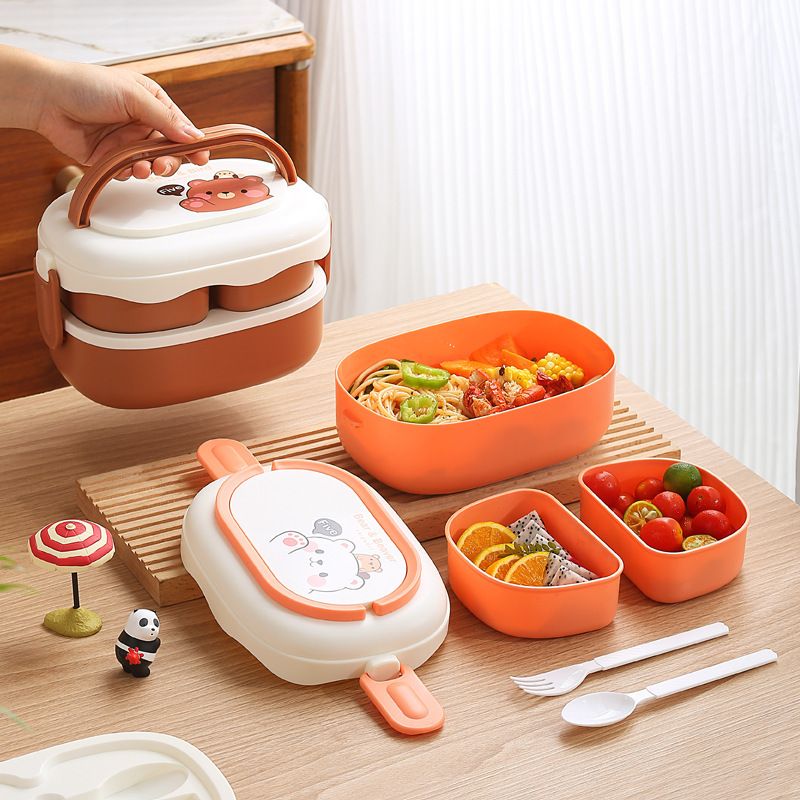 Student Cartoon Little Bear Double-Layer Plastic Lunch Box Office Worker Portable Lunch Bento Box Microwave Heating Large Capacity