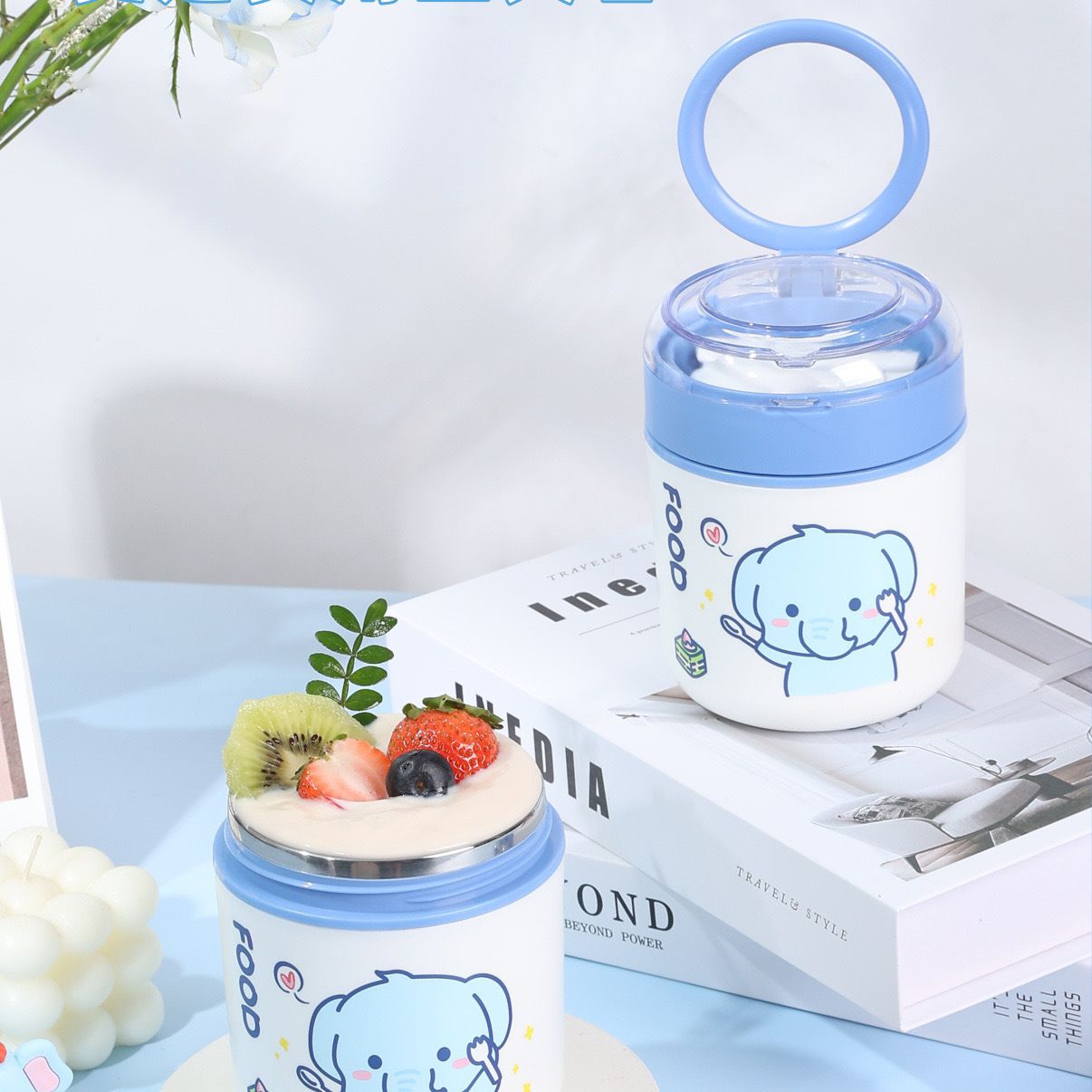 Student 304 Stainless Steel Cartoon Water Cup with Spoon Office Worker Portable Soup Cup Porridge Jar