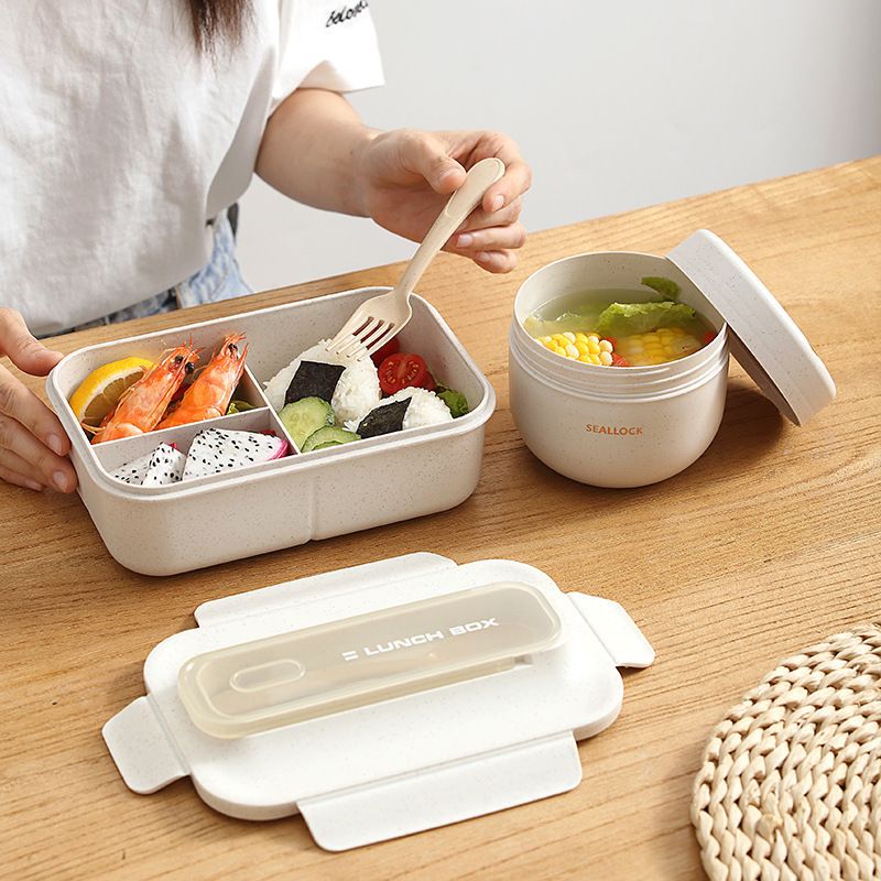 Office Worker Wheat Straw Compartment Lunch Box with Spoon and Fork Student Japanese Style Lunch Bento Box Water Cup Set